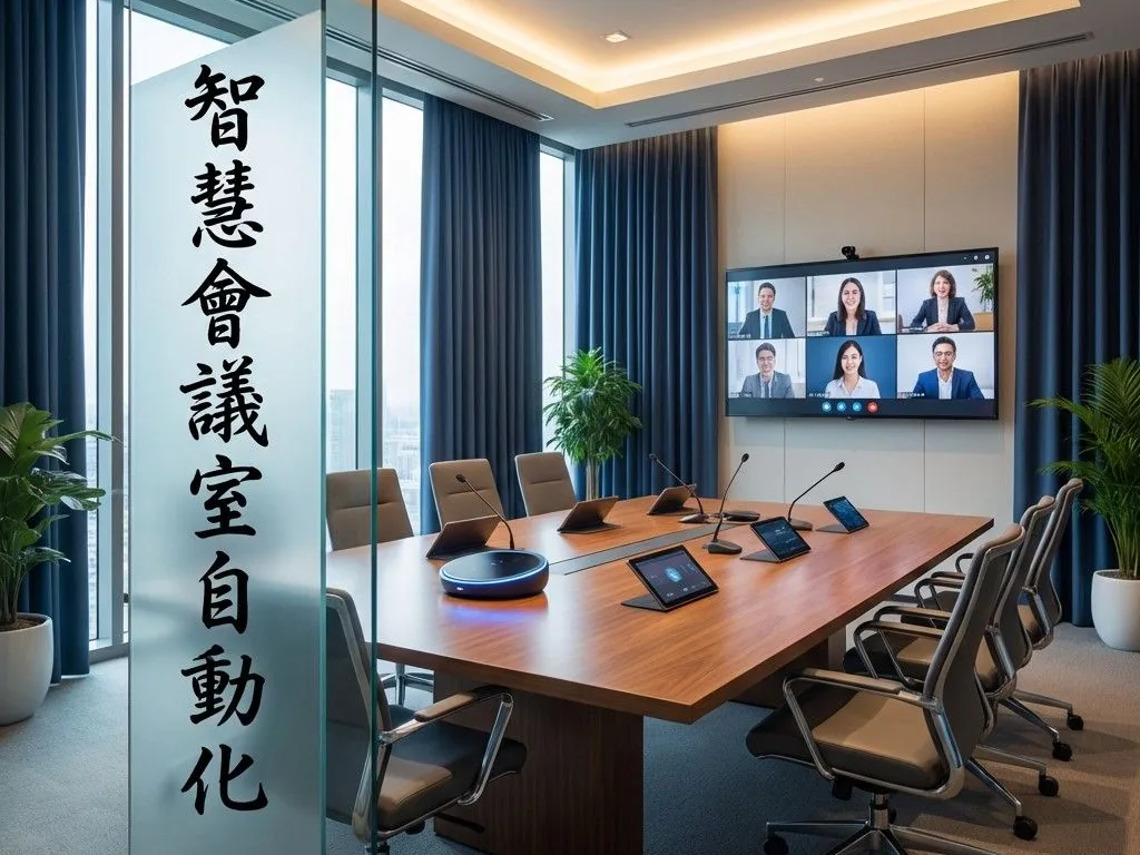 智慧會議室規劃示意:中型會議室整合視訊會議、桌上麥克風與觸控控制面板